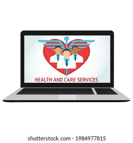 Health and care services flat vector illustration on isolated white. Heart, doctors, and caduceus in a laptop. Tele medicine, medical chat, online health concept for healthcare,  banner, website.