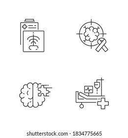 Health Care Services Linear Icons Set. CT Scan. Intensive Care Unit. Cancer Treatment Center. Xrays Radiography. Asylum. Customizable Thin Line Contour Symbols. Isolated Vector Outline Illustrations