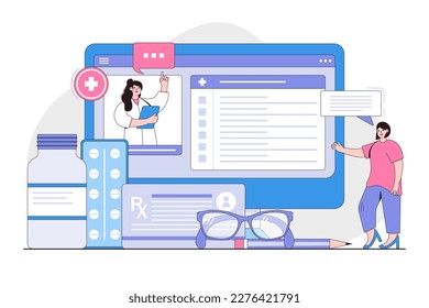 Servicios de atención de la salud y concepto de telemedicina en línea. Paciente mujer charlando en el portal de Internet médico y consultando con su médico. Esbozar ilustración vectorial mínima para la página de aterrizaje.