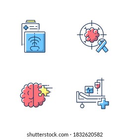 Health Care Services RGB Color Icons Set. CT Scan. Intensive Care Unit. ICU. Cancer Treatment Center. X Rays Radiography. Asylum. Hospital Department. Isolated Vector Illustrations