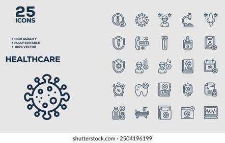 Health care set of 25 outline icons related to Fitness. Linear icon collection. Editable stroke. Vector illustration