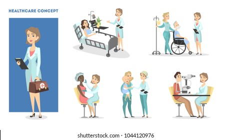 Health care set. Female doctor with patients.