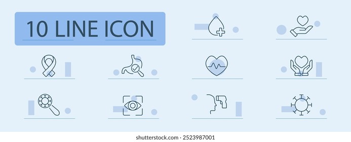 Icono de conjunto de salud y cuidado. Cinta de concienciación, control del estómago, salud del corazón, manos con el corazón, inspección del virus, control de temperatura, gammagrafía ocular, inmunidad