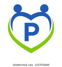 Health Care Sign On Letter P Template. Unity and Teamwork Logo Design. Charity and Donation Foundation Logotype