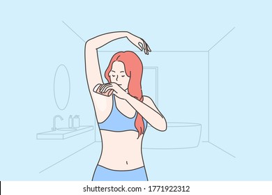 Health, care, smell concept. Young happy woman or girl cartoon character applying deodorant on armpit for good fresh scent. Healthy lifestyle and domestic daily morning routine procedure illustration. svg