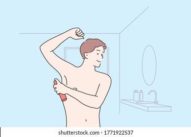 Health, care, smell concept. Young happy man or guy cartoon character applying spray on armpit for good fresh scent or odor. Healthy lifestyle and domestic daily morning routine procedure illustration svg
