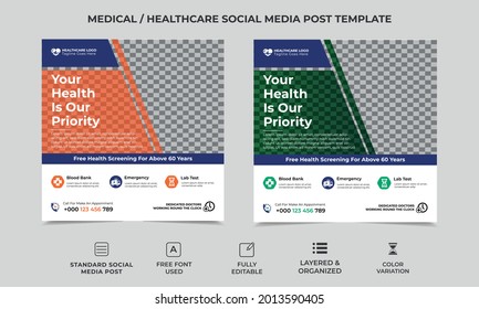 health care social media banner template design with an image placement, two color variation. Orange, green and blue are used as basic color. Vector square banner eps 10 version, fully editable smart