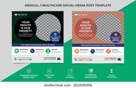 health care social media post template design with an image placement, two color variation. Orange, green and blue are used as basic color. Vector square banner eps 10 version, fully editable smart