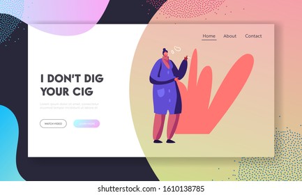 Health Care Social Problem Website Landing Page. Woman Enjoying Smoking Cigarette and Blowing Rings of Smoke. Female Character Having Drug Addiction Web Page Banner. Cartoon Flat Vector Illustration