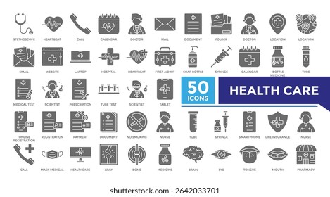 Health care solid icon set collection. This set includes stethoscope, heartbeat, doctor, hospital, medical test and more icons in 
solid style. Vector icons collection for websites and infographics