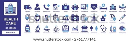 Health Care solid vector glyph icon set featuring hospital building, stethoscope, vaccine syringe, medical insurance, ambulance, doctor icon, and patient recovery icons.