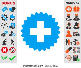 Health Care Stamp vector icon. Style is bicolor flat symbol, blue and gray colors, rounded angles, white background.