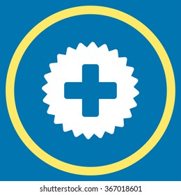Health Care Stamp vector icon. Style is bicolor flat circled symbol, yellow and white colors, rounded angles, blue background.