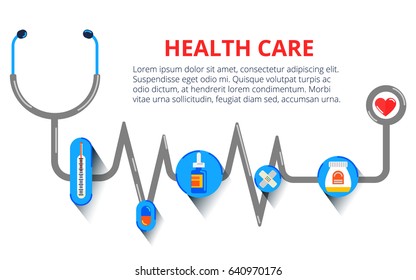 Health Care, Stethoscope, Cardiogram, Health Monitoring, Concepts Set. Modern Flat Design Concepts For Web Banners, Web Sites, Printed Materials, Infographic. Creative Vector Illustration