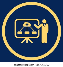 Health Care Structure Report vector icon. Style is flat circled symbol, yellow color, rounded angles, blue background.