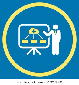 Health Care Structure Report vector icon. Style is bicolor flat circled symbol, yellow and white colors, rounded angles, blue background.
