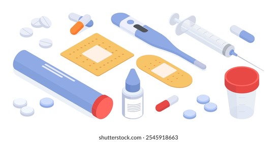 Suministros de salud. Medicina de farmacia isométrica, herramientas de emergencia, jeringuilla, termómetro, parche, píldoras médicas y medicamentos Juego de Ilustración vectorial 3D. Colección de suministros de farmacia