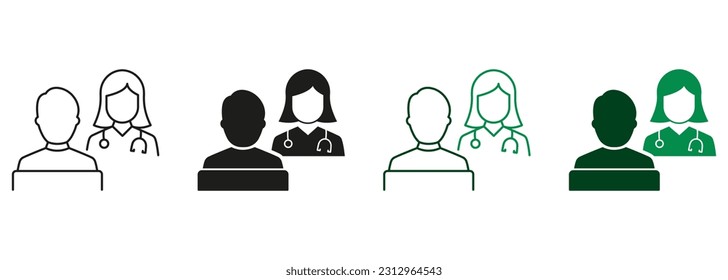 Health Care Symbol Collection. Psychotherapist Talk with Client. Patient and Doctor Consultation. Hospital Physician Counseling Patient Line and Silhouette Icon Set. Isolated Vector Illustration.