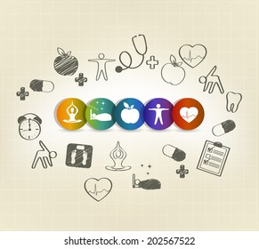 Health Care Symbol Set, Hand Drawn Illustrations. Healthy Food, Fitness, No Stress, Healthy Weight, Doctor Visits, Good Sleep Leads To Healthy Heart And Life.