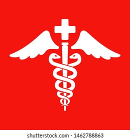 health care symbol. two snakes and a rod on a red background. logo for the pharmacy. flat vector illustration.