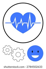 Health care, system optimization, wellness, happiness, medical monitoring, digital tools. Blue heart with ECG line, gears and happy face. Health care and system optimization concept