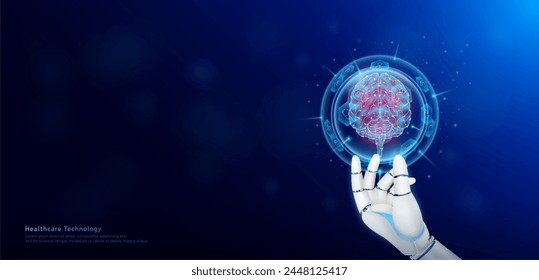 Health care technology innovation. Brain human organ inside hexagon sphere transparent and medical icon on doctor assistant robot hand. Medical science banner with empty space for text. Vector EPS10.