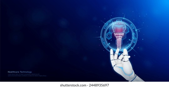 Health care technology innovation. Dental implant inside hexagon sphere transparent and medical icon on doctor assistant robot hand. Medical science banner with empty space for text. Vector EPS10.