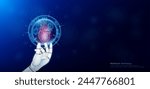 Health care technology innovation. Heart human organ inside hexagon sphere transparent and medical icon on doctor assistant robot hand. Medical science banner with empty space for text. Vector EPS10.