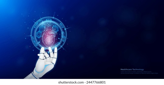 Health care technology innovation. Heart human organ inside hexagon sphere transparent and medical icon on doctor assistant robot hand. Medical science banner with empty space for text. Vector EPS10.