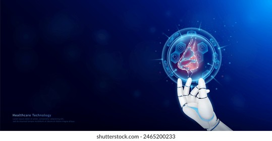 Health care technology innovation. Nose human organ inside hexagon sphere transparent and medical icon on doctor assistant robot hand. Medical science banner with empty space for text. Vector EPS10.