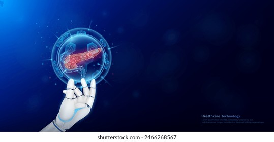 Innovationen in der Gesundheitstechnologie. Pankreas menschliches Organ im Sechseck Kugel transparent und medizinisches Symbol auf der ärztlichen Assistenzroboterhand. Medizinischer Banner mit leerem Textbereich. Vektorgrafik.