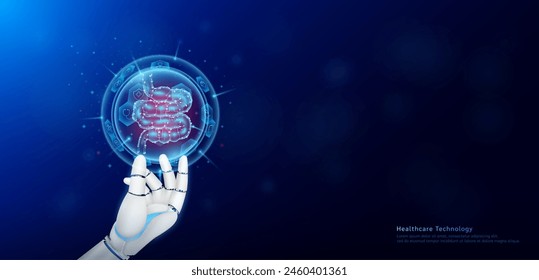 Health care technology innovation. Small intestine human organ inside hexagon sphere transparent and medical icon on doctor assistant robot hand. Medical science banner. Vector EPS10.