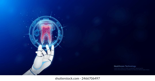 Health care technology innovation. Tooth human organ inside hexagon sphere transparent and medical icon on doctor assistant robot hand. Medical science banner with empty space for text. Vector EPS10.