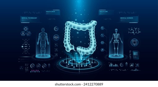 Gesundheitstechnologie. Hologramm für virtuelle Schnittstellen. Röntgenuntersuchung und Untersuchung des menschlichen Körpers. Medizinische Diagnostik mit HUD. Analyse im futuristischen Labor. Vektor EPS10.