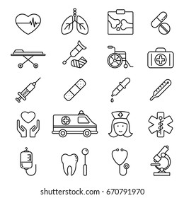 Health care: thin monochrome icon set, black and white kit
