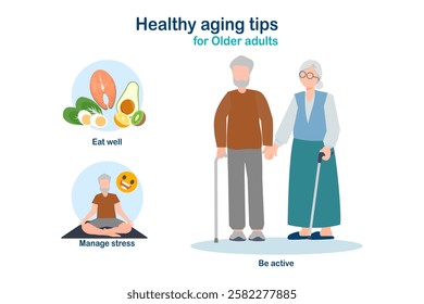 Health care tips for the elderly. Flat illustration in health care concept.