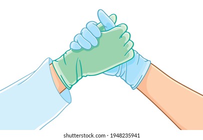 Health care and treatment for everyone by the hands of medical staff during the coronavirus outbreak concept. Illustration, line, art, graphic retro style in vector isolated on background.