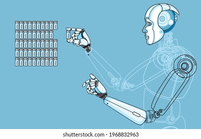 Health care and treatment for everyone by the Robot or Artificial Intelligence during the coronavirus outbreak concept. Illustration, line, art, graphic retro style in vector isolated on background.