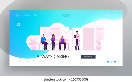 Health Care Treatment Website Landing Page. Patients Sitting in Clinic Hall Waiting Doctors Appointment. Practitioner Inviting Client for Consultation Web Page Banner. Cartoon Flat Vector Illustration