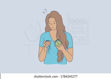 Health, care, trouble, medicine concept. Youn african american woman girl cartoon character holding comb and bunch of falling hair. Baldness desease problem and stressful loss of hairline illustration