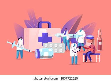 Health Care Vaccination Concept. Tiny Doctor Characters Prepare Huge Syringe for Patient Injection. Man Sitting in Medical Cabinet for Applying Drug against Disease. Cartoon People Vector Illustration