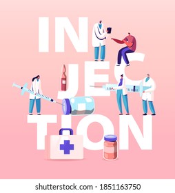Health Care Vaccination Concept Concept. Tiny Doctor Characters Prepare Huge Syringe for Patient Injection. People Applying Drugs against Disease Poster Banner Flyer. Cartoon Vector Illustration