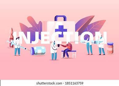 Health Care Vaccination Concept Concept. Tiny Doctor Characters Prepare Huge Syringe for Patient Injection. People Applying Drugs against Disease Poster Banner Flyer. Cartoon Vector Illustration