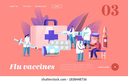 Health Care, Vaccination Landing Page Template. Tiny Doctor Characters Prepare Huge Syringe for Injection in Medical Cabinet, Patient Applying Drug against Disease. Cartoon People Vector Illustration