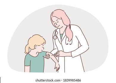 Health, care, vaccination, medicine, coronavirus, infection concept. Woman doctor nurse injecting vaccine syringe to girl child kid from covid19 disease. Virus or flu preventive measures illustration.