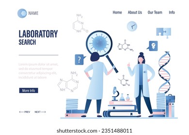 Health care and vaccine search landing page template. Women scientists study molecule virus. Medical laboratory invented cure new coronavirus concept. Bacterium or virus research. Vector illustration