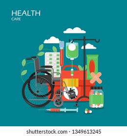 Health care vector flat style design illustration. First aid kit box, syringe with injection, pills, plaster, wheelchair, drip. Hospital care equipment and medication for web banner, website page etc.
