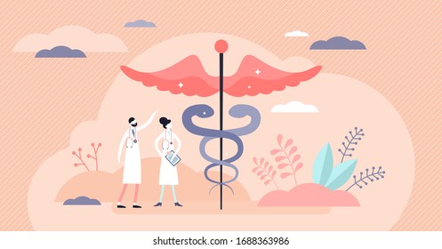 Health care vector illustration. Caduceus and doctors flat tiny persons concept. Overall general pharmacy, science and ambulance snake and wings symbol. Abstract hospital disease treatment scene.