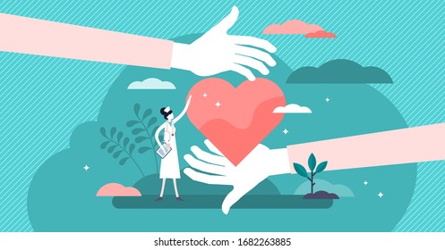 Health care vector illustration. Cardiology doctors flat tiny persons concept. Symbolic heart treatment and healing with professional nurse and doctors. Organ healthcare system for disease and illness