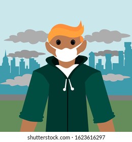 Health care vector illustration. image of a person wearing a cape. wearing a protective mask against smoke and dust around him